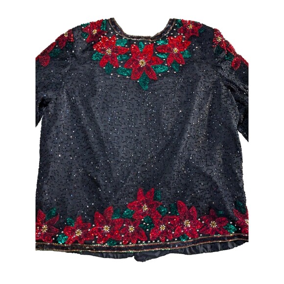 Laurence Kazar Sequin Beaded Embellished Christmas Poinsettia Sweater 2X Jacket - Picture 5 of 8